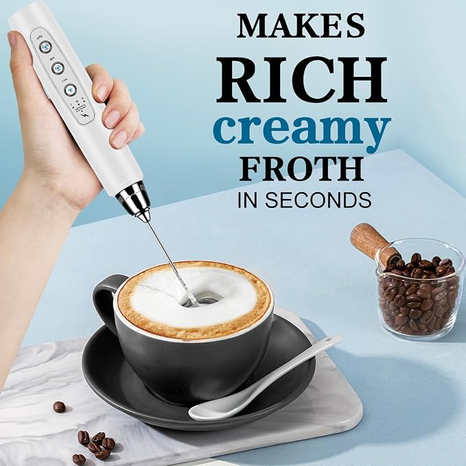 Milk Frother Wand Rechargeable Handheld Whisk Coffee 3 Speed Adjustable | Electric Whisk Drink Mixer with Stainless 3 Whisks Hand Frother , Foam Maker for Latte Cappuccino Matcha Egg Silver