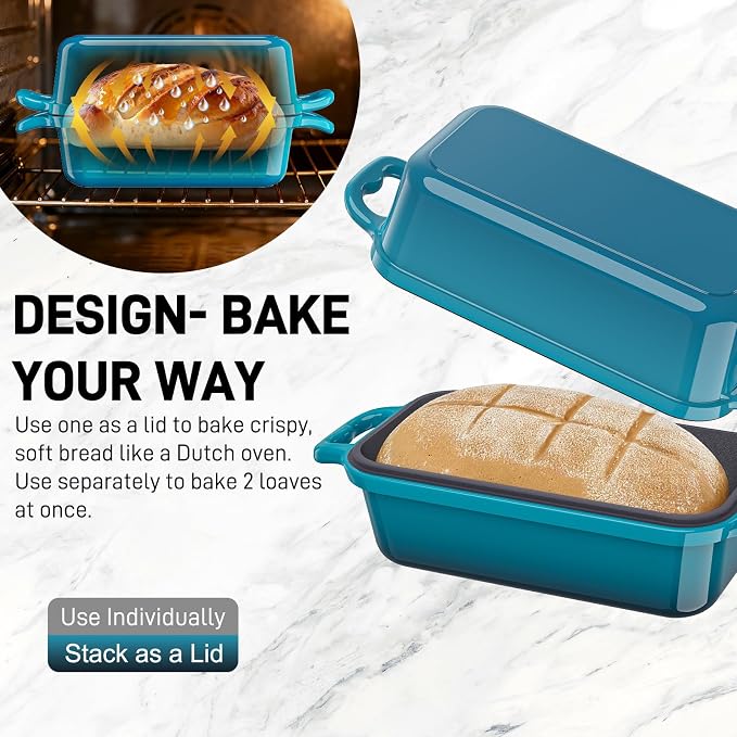 Enameled Cast Iron Sourdough Bread Dutch Oven, 8.5x4.5 Inch Loaf Cast Iron Bread Pan for Homemade Bread Baking, Sourdough Baking Pans, Meatloaf Pan with Lid, 2 Piece set, Emerald
