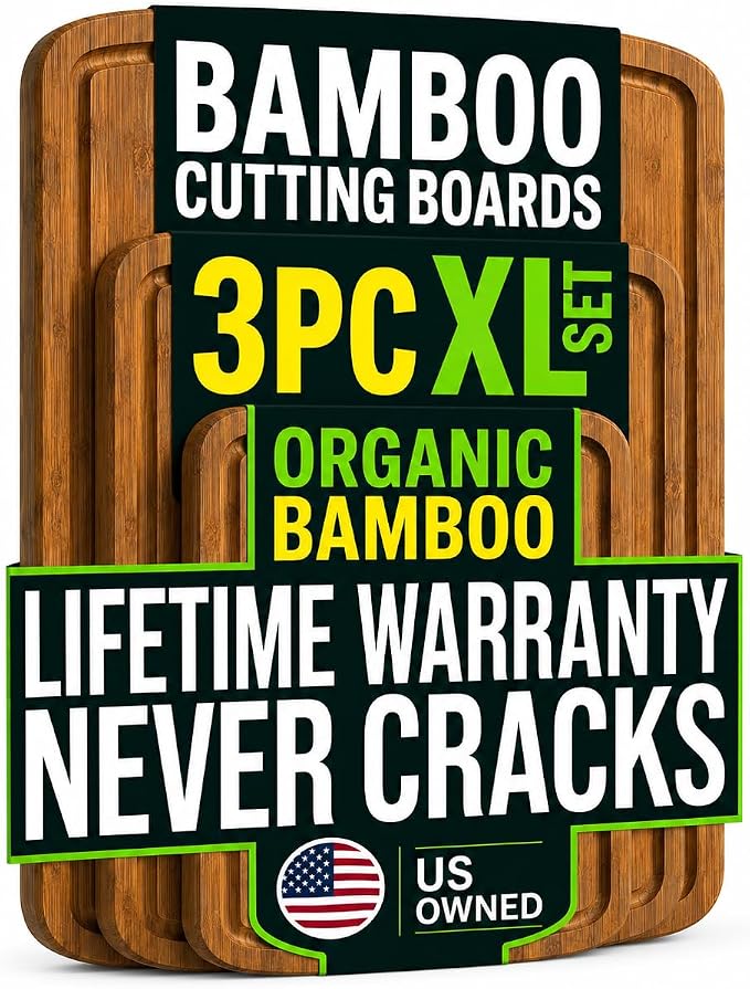 Greener Chef Luxury Bamboo Cutting Board 3-Piece Set with Carbonized Vertical Grain Strength Technology - Extra Large Wooden Cutting Boards for Kitchen with Deep Juice Grooves - Lifetime Replacements