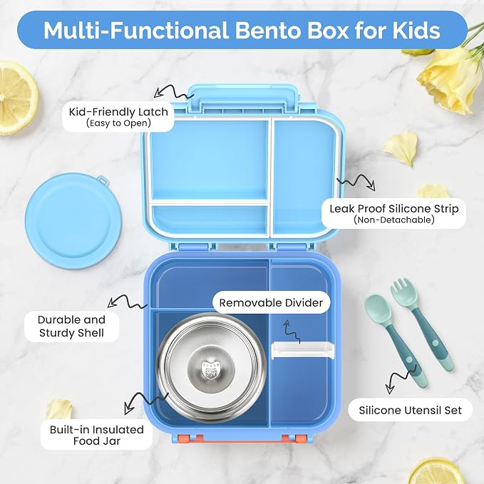 Kids Bento Lunch Box with Soup Thermo (9oz)– Hot & Cold Lunch Container with Leak Proof Insulated Food Jar for School Girls Boys, Ideal Size for Ages 3 to 7, Sky Blue & Coral
