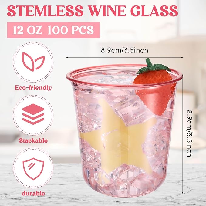 Ziliny 100 Pcs 12oz Plastic Stemless Wine Glasses Disposable, Pink | Plastic Wine Glasses for Parties Weddings Birthdays, Cocktail Drinking Cups, Round Bowl, Bulk Event Supplies