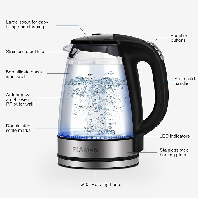 Cool Touch Electric Kettle with 6 Temp Presets for Tea/Coffee | 4H Keep Warm, Borosilicate Glass Inner Wall and PC Outer Wall, BPA free, 1.7L 1500W Fast Boil for Home/Office