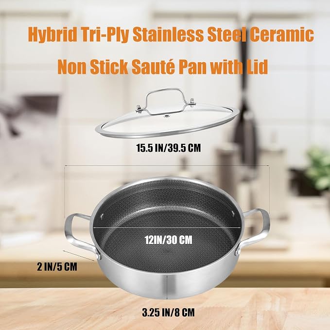 Inqibee 6 QT Saute Pan with Lid, 12 Inch Deep Frying Pan, Detachable Handle | Hybrid Ceramic Nonstick Cookware, Tri-Ply Stainless Steel Pan, Jumbo Cooker, Induction Cooking Pan, Dishwasher and Oven Safe
