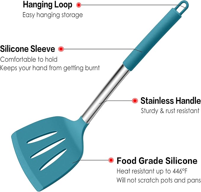 LIANYU 15-Piece Kitchen Cooking Utensils Set with Holder | Silicone Kitchen Tools Stainless Steel Handle, Slotted Spatula Spoon Turner Tong Whisk Brush for Cooking, Dark Blue