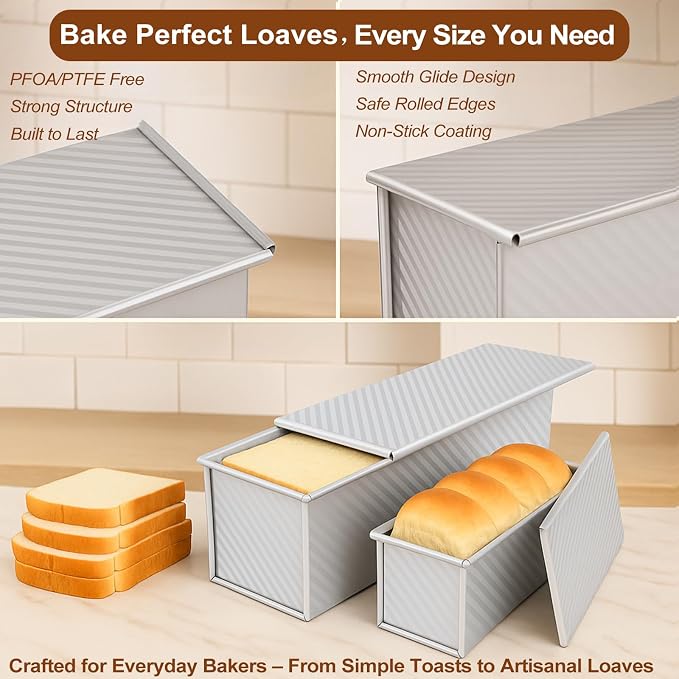2-pack Pullman Loaf Pan with Lid (13x5 & 8.4x4.8 inch) - Nonstick Aluminum Steel Bread Pan Set, Vented Bottom for Even baking, PFOA & PTFE free, for Sandwich Bread, Sourdough, Toast & Shokupan