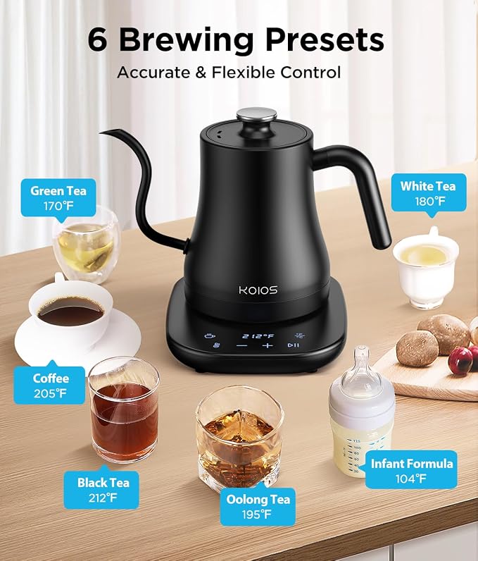 KOIOS Gooseneck Electric Kettle, ±1℉ Temp Control, Mute Mode, 4H Keep Warm | 0.8L Pour Over Kettle, 1200W Fast Heating, Stainless Steel, Coffee & Tea Brewing