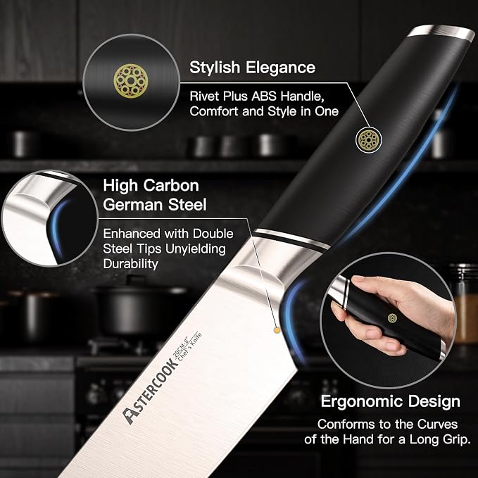 Astercook 8 Inch Professional Kitchen Chef Knife | German High Carbon Stainless Steel, Ultra Sharp, Ergonomic ABS Handle, Gift Box Included, mothers day gifts for wife