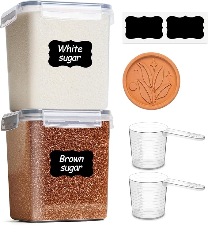 ComSaf Airtight Brown Sugar Containers with Terra Cotta Saver 2.6Qt 2Pack | Plastic Food Storage Canister with Lid, Sugar Flour Cereal Oats, Pantry Kitchen, Stackable Brown Sugar Keeper, Label & Scoops