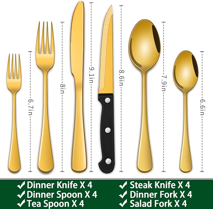 DEHOV 30 PCs Gold Flatware Sets Service For 6 Person,Shiny Gold Stainless Steel Silverware Sets Dinner Knives Fork And Spoons For Home Party And Wedding