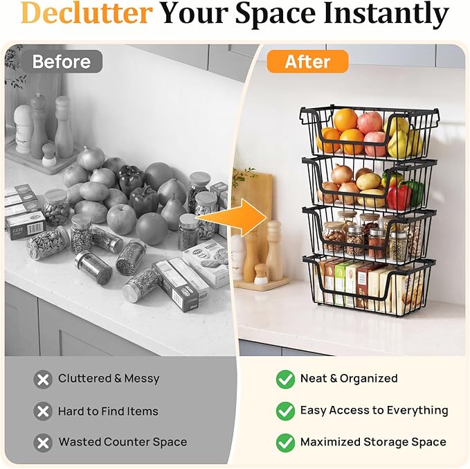SUNALLY Stackable Storage Bins 4 Pcs Wire Baskets Freezer Organizer, Black | Pantry Organizers Storage, Vegetable Fruit Storage Basket for Countertop, Kitchen Baskets for Onion Potato Snack Cans Storage