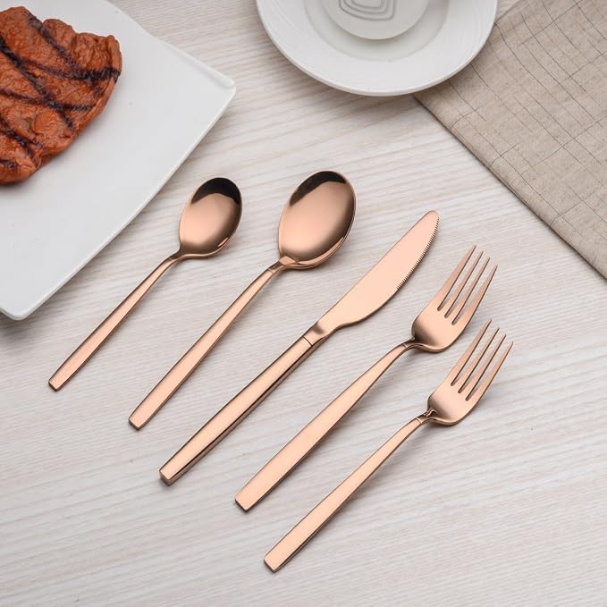 Berglander 20 Piece Titanium Rose Gold Plated Stainless Steel Flatware Set, 20 Pieces Silverware Set, Copper Color Cutlery Sets, Service for 4 (shiny Copper)