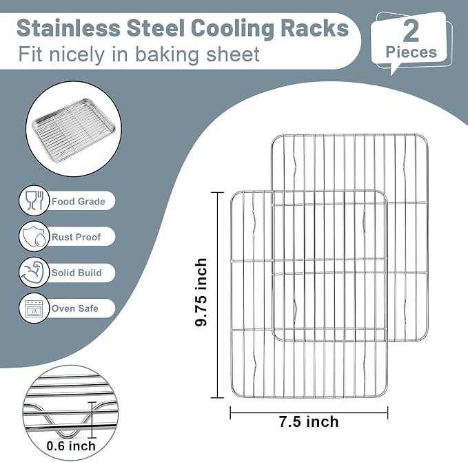 TeamFar Cooling Rack, 9.75” x 7.5” Stainless Steel Wire Baking Rack, 2PCS | for Cooking Roasting Grilling, Fit for Oven Pan, Oven & Dishwasher Safe, Non-toxic & Heavy-Duty
