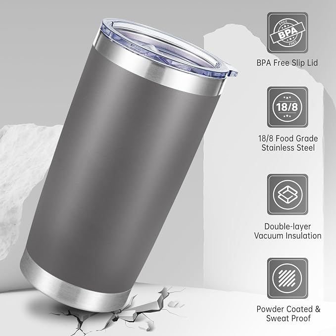 20 oz Tumblers Bulk Stainless Steel Tumbler with Lid, 12 Pack | Gray, 20oz Insulated Coffee Mug, Double Wall Vacuum, Powder Coated Cup, for Hot and Cold Drinks