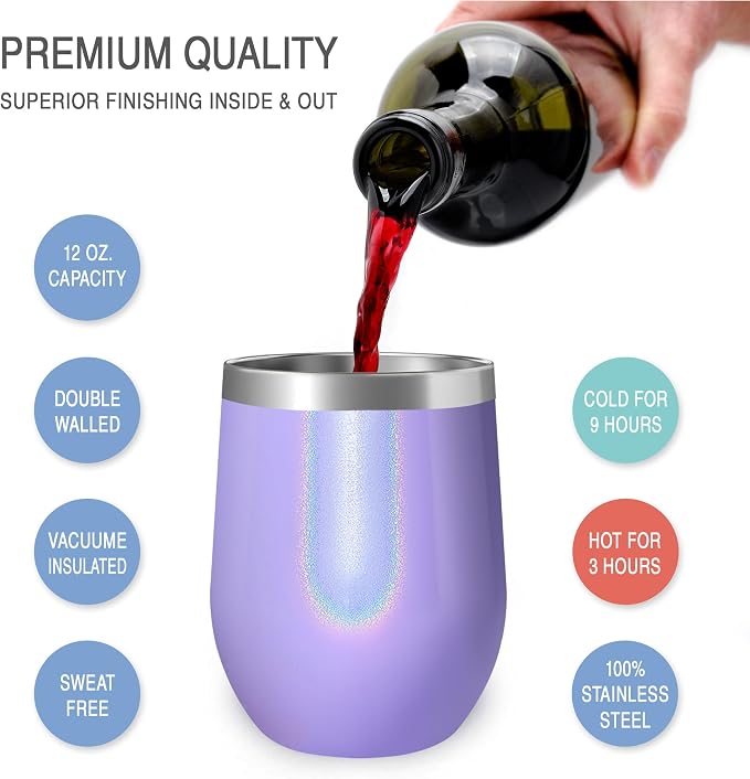 CHILLOUT LIFE 12 oz Stainless Steel Wine Tumblers 2 Pack - Double Wall Vacuum Insulated Wine Glasses Cups with Lids and Straws Set Keeping Cold & Hot for Coffee, Beer, Ice Cream - Purple Sparkle