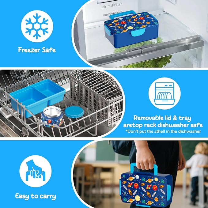 SHPMXUPW Kids Bento Lunch Box – 12 oz Stainless‑Steel & 3‑Compartment Leak‑Proof Food Container with Built‑In Ice Pack, Insulated Food Jar for Boys & Girls, School & Travel