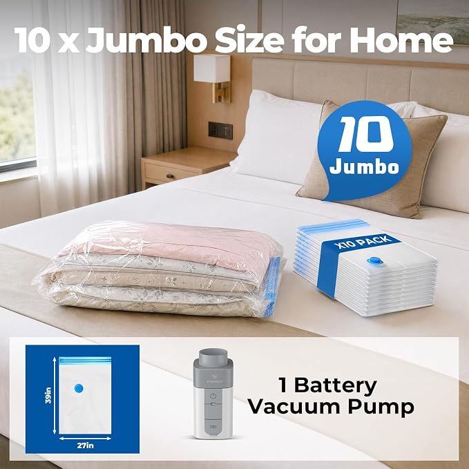 ETENWOLF 10 Jumbo Vacuum Storage Bags for Travel with Wireless Pump | Vacuum Seal Bags for Clothing Travel, Compression Packing Bags for Clothes and Blankets, Space Saver Bags in Carry-On Sizes