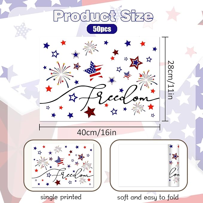 50 PCS Disposable Paper Placemats 4th of July Memorial Day Place Mats (C) | 16x11 Inch Patriotic Freedom Stars Table Mats for Holiday Indoor Outdoor Party Kitchen Dining Table Decorations