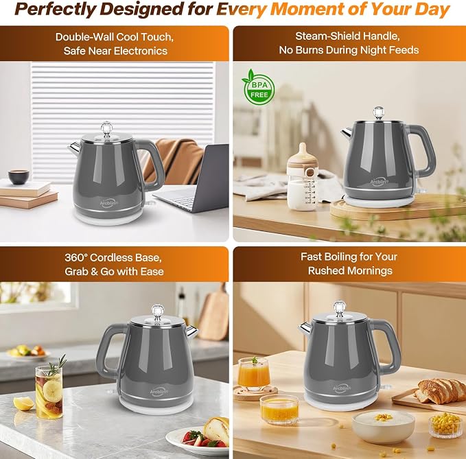 Electric Kettle, Gray, 1.8L | Retro, 1350W Fast Boil, Stainless Steel Interior, BPA Free, Automatic Shut Off