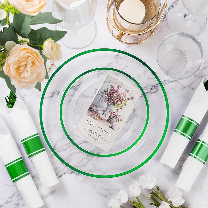 350 Pcs Clear Green Disposable Plastic Dinnerware Sets for 50 | Include 50 Dinner Plates, 50 Dessert Plates, 50 Pre Rolled Napkins with Cutlery Set, 50 Cups for Christmas, St. Patrick's Day