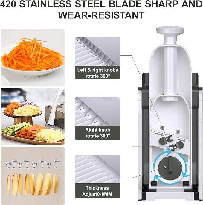 5 in 1 Adjustable Safe Mandoline Slicer for Kitchen with Paring Knife | Safe Mandoline Slicer for Kitchen, Easy to Clean/Storage, Potato Slicing, Strips, Shredding, Dicing, Chop, Cleaning brush