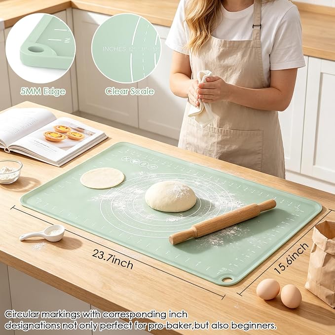 Silicone Pastry Mat, Non Slip Dough Mat with Measurements and Raised Edges, Food Grade Silicone Countertop Baking Mat for Rolling Dough, Kneading Bread, Cookies, Pizza, Pie Crust