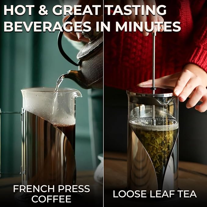 Cafe Du Chateau French Press Coffee Maker, 34 oz Glass, Stainless Steel | Easy Brew, Durable Clear Glass, 4-level Filtration, 34 oz Capacity, Coffee Press for Camping, Tea Brewer, BPA-Free Materials