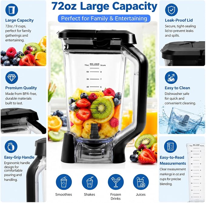 72oz Replacement Pitcher for Ninja BL610 BL710 CT610, BPA-Free Lid | 6-fin base. Dishwasher safe, BPA-free. Compatible with BL610 BL710WM CT610 series. For smoothies & sauces.