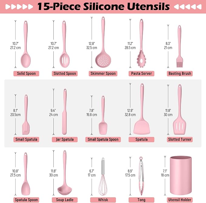 Homikit 15-Piece Kitchen Utensil Set, Silicone Cooking Utensils Spatula Set | Heat Resistant Silicone Utensil with Holder for Nonstick Cookware, Kitchen Tools Gadgets for Cooking and Baking, Pink