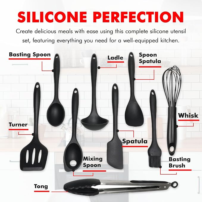 Chef Craft - Premium Silicone Kitchen Tools and Utensils Set, Non-Scratch, Withstands Temperatures up to 450°F, BPA-Free, 9 Piece Cooking Utensils Set, Black