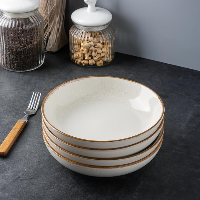 AmorArc 8.5’’ Ceramic Pasta Bowls Set of 6, 36oz Large Stoneware Bowls Set | Large Dinner Serving Bowls Set, Wide Bowl Plate for Pasta,Salad, Soup, Microwave Safe, Reactive Glaze-Pearl White