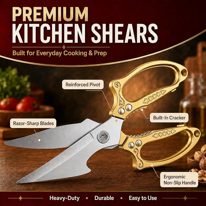 Premium Gold Kitchen Shears Heavy Duty, Stainless Steel Multipurpose Scissors for Chicken, Meat, Poultry, Seafood & Vegetables, Sharp Food Cutting Scissors for Kitchen Use