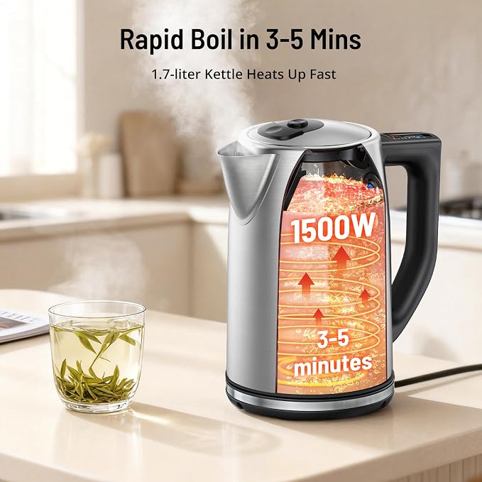 1.7L Electric Tea Kettle, 6 Precise Temperature Presets Stainless Steel Electric Kettle Temperature Control,1500W Fast Boiling Hot Water for Oolong & Green Tea with Strix Control