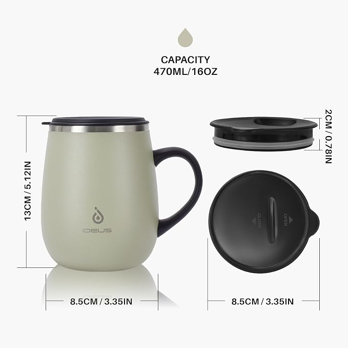 Ideus 16 oz (470 ml) Insulated Coffee Mug with Handle and Lid, Double Wall Stainless Steel Vacuum Thermal Coffee Mug, Travel Coffee Cup Thermal Cup for Home and Office (Celadon)