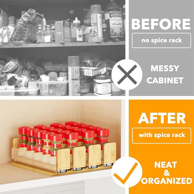 SpaceAid Bamboo Pull Out Spice Rack Organizer for Cabinet, Heavy Duty Slide Out Seasoning Kitchen Pantry Sliding Vertical Organization, 10.1" Wide, 4 Drawers(2" Wide), 1-Tier, Natural