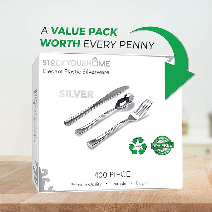 Silver Plastic Silverware Set (400-Pack) – Disposable Heavy Duty Cutlery, 134 Forks, 134 Knives, 134 Spoons for Parties, Weddings, Dinners & Holidays, Stock Your Home