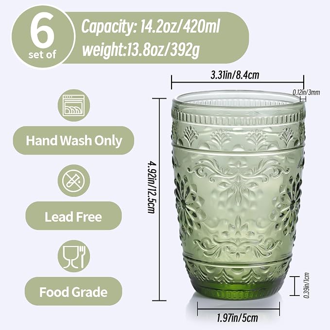 abrwyy Green Drinking Glasses, Vintage Glassware, 14oz Green Glass Cups | Lead-Free Glass, Thick&Durable Glass, Home Decoration, Drinking Glasses Set of 6