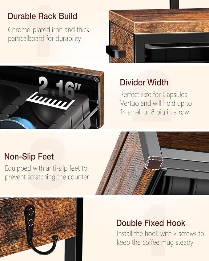 Evermagin Coffee Pod Holder Compatible with Nespresso,Fit 28 Large/56 Small | Coffee Pod Organizer Drawer Station with Cup Rack, Vertuo Pod Holder for Home and Office,Rustic Brown