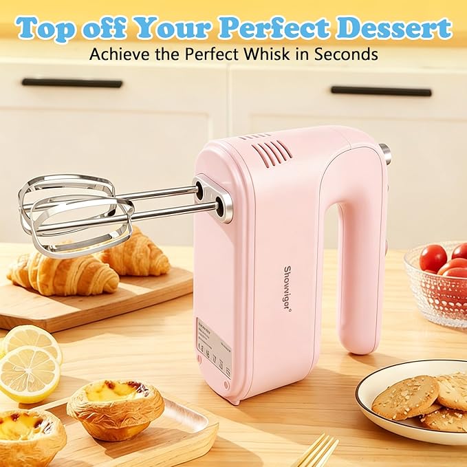 Electric Hand Mixer, 300W Handheld Mixer with 5 Stainless Steel Accessories, 5 Adjustable Speeds + Turbo Boost & Self-Control, One-Button Eject, Food Beater for Cakes, Eggs, Dough (Pink)