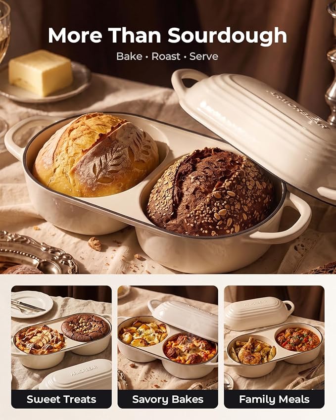 Mini Double Dutch Oven for Sourdough, Enameled Cast Iron Bread Pan, White | Double Loaf Bread Pan with Lid, Mini Sourdough Dutch Oven for Bread Baking
