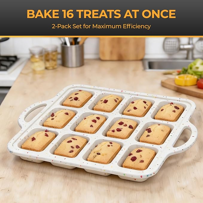 Silicone Mini Loaf Pan 2 Pack with Reinforced Metal Frame 12-Cavity | Non-Stick Baking Mold for Banana Bread, Cornbread & Keto Snacks - Easy Release & Dishwasher Safe, Cream with Color Dots