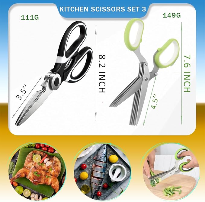 Kitchen Scissors Heavy Duty Multipack of 3 - Stainless Steel Meat Scissors, 5-Ply Herb Shears, All Purpose Kitchen Shears for Poultry, Chicken Shredding