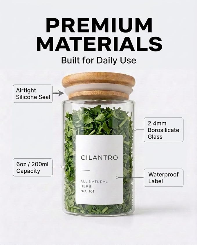 Glass Spice Jars with Label Pack (12x Bamboo Lid Glass Jar) Small 6oz Empty Spice Storage Bottles with 112 Printed Stickers and 48 Writable Pantry Labels for Seasoning Containers