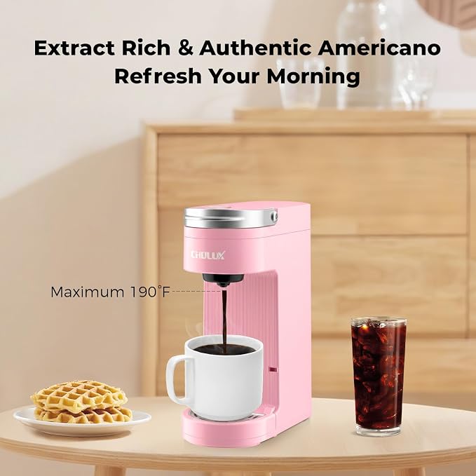 CHULUX Slim Single Serve Coffee Maker for K Cup Pod for Small Spaces, Pink | Fast-Heating Boiler System, 4-Hole Needle for Richer Flavor, Adjustable Drip Tray for 7.3" Travel Mug, Food Grade Material