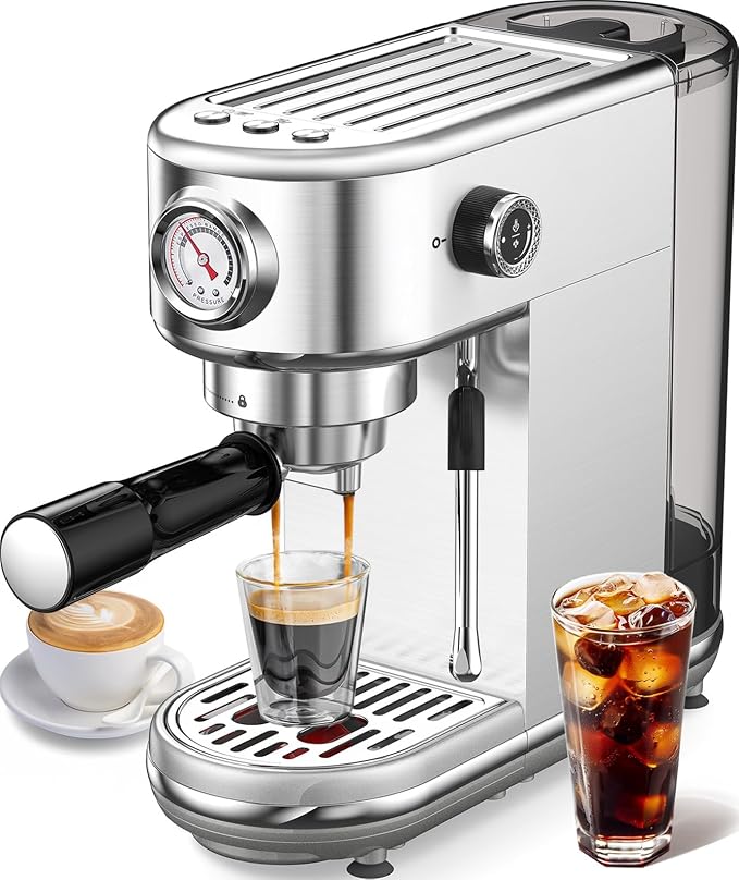 atatix Espresso Machine with Milk Frother, 20 Bar Pressure Espresso Maker | with 44OZ Removable Tank, Compact Stainless Steel Coffee Machine for Home, Office, Latte, Cappuccino, Macchiato, Silver