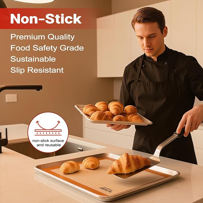 Silicone Baking Mat Set by PrettyCare (2 Half Sheet and 1 Quarter Sheet) Non Stick Cookie Baking Supplies for Bake Pans & Toaster Oven - Macaron/Pastry/Bun/Bread
