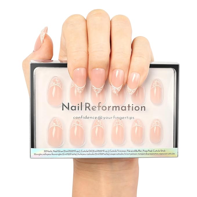 Nail Reformation Press On Nails, Petal Lace Neutral Short Almond Fake Nails | White Floral Lace French Tip in Glossy Finish, Reusable Stick On Nails in 16 Sizes - 32 False Nail Kit for Women Gifts