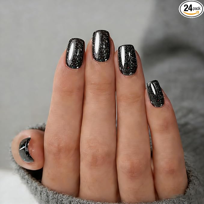 Black Press On Nails Square,Glitter -Short with Nail Glue | Apply Protective UV coating, 2+Weeks wear, Salon Quality Nails in 12 Sizes - 24 Nail Kit with Glue