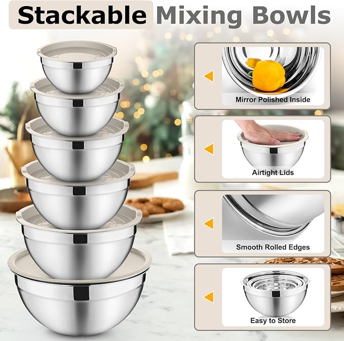 P&P CHEF Mixing Bowls with Lids Set of 6, Nesting Salad Bowl, Khaki | Stainless Steel Bowl & 3 Grater Attachments & Plastic Lid, For Prepping Baking Storing, Sizes with 4.6/2.6/2/1.5/1/0.7 QT