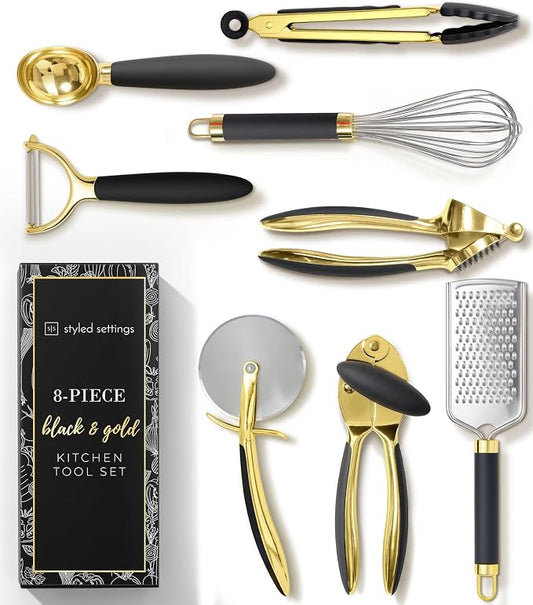 Styled Settings Black and Gold Kitchen Utensils, 8-Piece, Black & Gold | 8-Piece Gold Kitchen Tools Set with Can, Pizza Cutter, Peeler, Mini Whisk, and Tongs