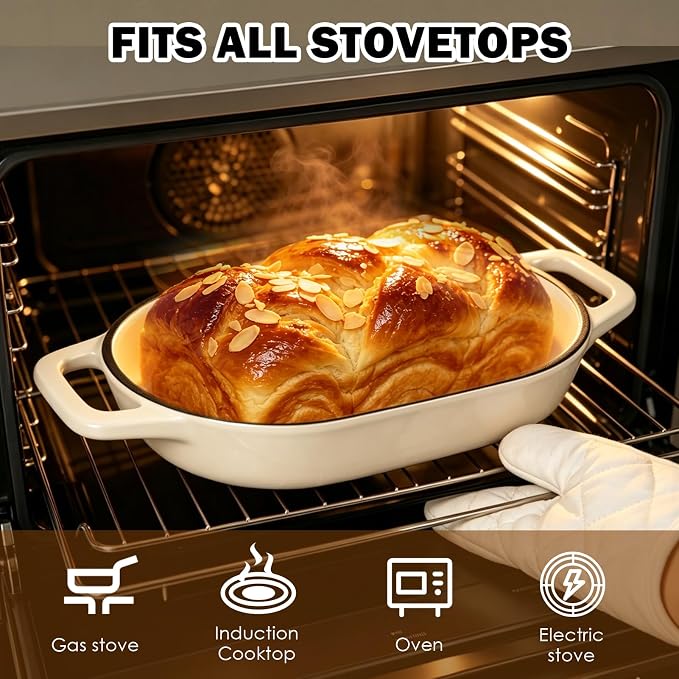 Wdmiya Dutch Oven for Sourdough Bread Baking, Shallow Base & Dome Lid 5 QT | Enameled Cast Iron Bread Baker for Batards & Boules, Easy-Clean Enamel, 500°F Oven Safe, Cream White, 11.5" x 7.8"